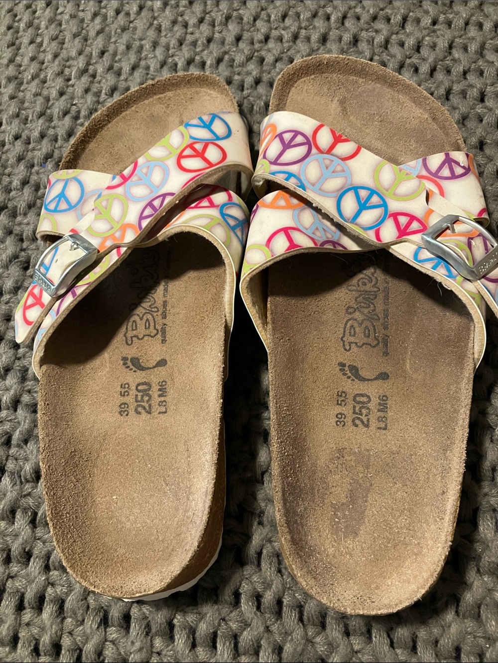 Birki's Birkenstock sandals white colorway with multicolored ☮️ sign pattern 7
